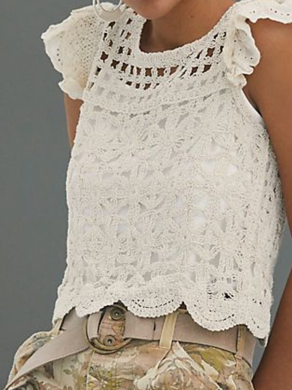 bishop + young Cream Crochet Lace Ruffle Sleeve Tank